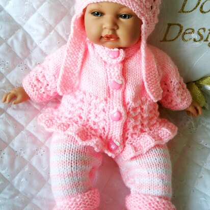 Dolls clothes knitting pattern for a 14-15 inch doll, frilled cardigan, leggings, Hat and Boots