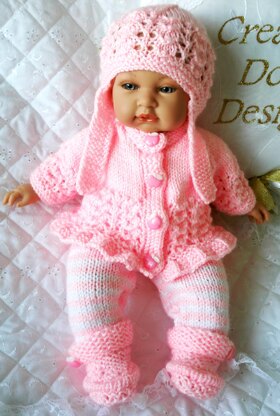 Dolls clothes knitting pattern for a 14-15 inch doll, frilled cardigan, leggings, Hat and Boots