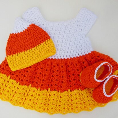 Candy Corn Baby Hat, Dress and Shoes Outfit