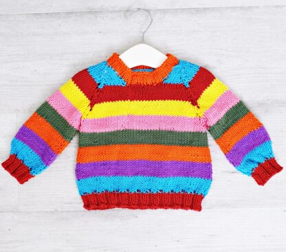 Baby Rainbow stripe top down jumper PDF knitting pattern, 0-2 years