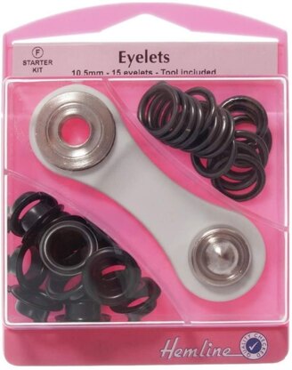 Hemline Eyelets Starter Kit, 10.5mm x 15 sets - Black