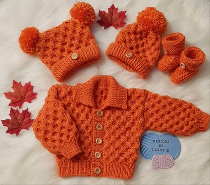 Timothy baby knitting pattern cardigan, hats and booties 0-3 mths & 6-12m