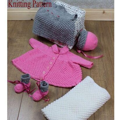 Knitting pattern baby dress, jacket, hat, booties and blanket #68