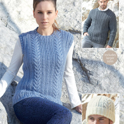 Womans and Mans Tank, Sweater and Hat in Sirdar Wool Rich Aran - 7185