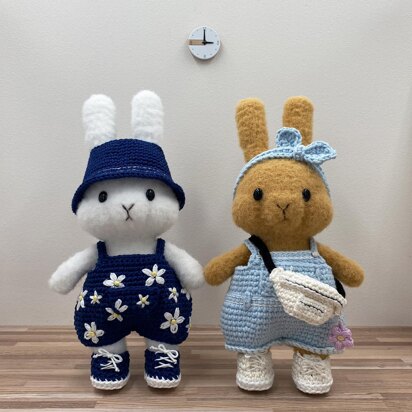 Dress-up Bunny Amigurumi Overall set crochet pattern # DUBA-01.03 | cute rabbit crochet toy, crochet plushie, removable clothes doll