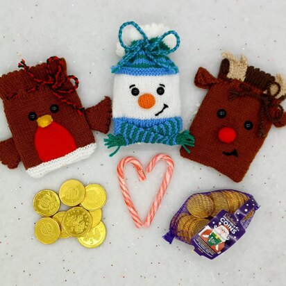 PDF Christmas DK Knitting Pattern Decoration Chocolate Coin Bags Gift Charity knit EASY Christmas Eve Box Robin Snowman Reindeer