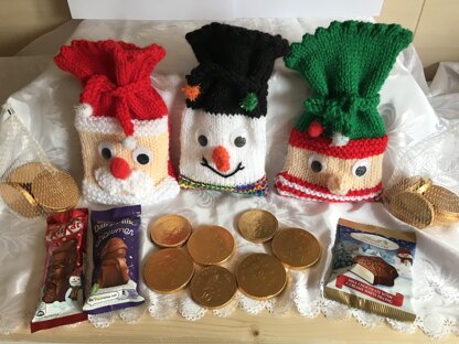 DK knitting pattern Santa, Snowman & Elf chocolate treat gift bag pouches
