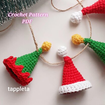 Mini Santa and Elf hats crochet pattern, Santa Claus hat ornament, crochet pattern Elf hat, Christmas tree ornament crochet mini hat garland