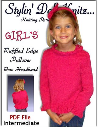 Knitting Pattern, Girls pullover Sweater with bow headband. 342