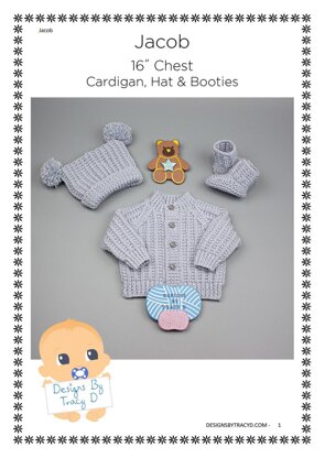 Jacob Baby Cardigan, Hat & Booties knitting pattern in 2 sizes 0-3mths & 6-12mths