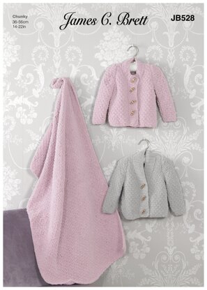 Babies' Jackets & Blanket in James C. Brett Flutterby Chunky - JB528 - Leaflet 