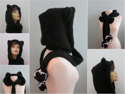 Cat Hoodie Scarf Pompoms