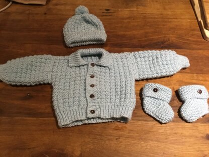 Noah baby cardigan, hat and booties knitting pattern 3 sizes 0-12mths