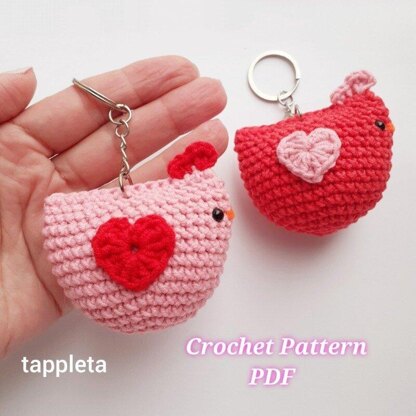 Valentine chicken keychain crochet pattern, Chicken with heart, Valentines keychains for couple, Chicken lover gift, Pink girly accessories