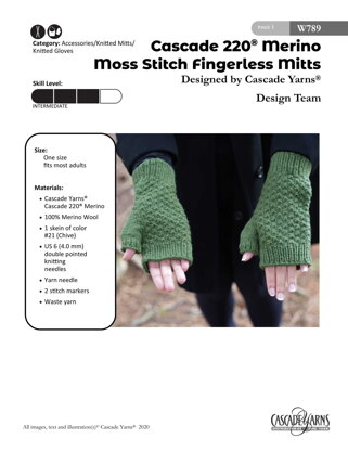 Cascade 220 Merino Moss Stitch Fingerless Mitts in Cascade Yarns - W789 - Downloadable PDF