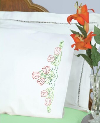Jack Dempsey Stamped Pillowcases W White Perle Edge 2Pkg - Tulips