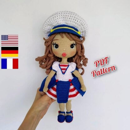Astrid amigurumi Doll with marine clothes crochet pattern in English, Deutsch and Français