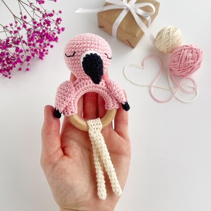 Flamingo crochet pattern baby rattle Amigurumi tether toy