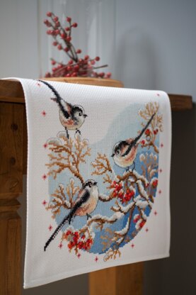 Vervaco Long-tailed Tits & Red Berry Tablerunner Cross Stitch Kit - 32cm x 84cm