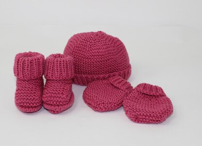 New Baby Booties Beanie and Mittens Set
