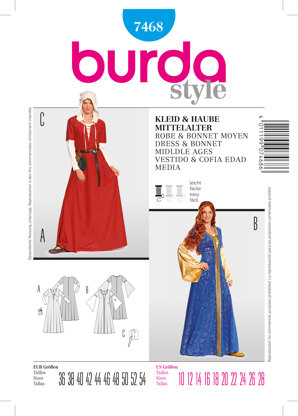 Burda Style Dress & Bonnet Middle Ages Sewing Pattern B7468 - Paper Pattern, Size 10-28