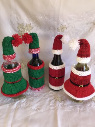 DK straight needles knitting pattern Santa and Elf Christmas wine bottle hat jacket & dress