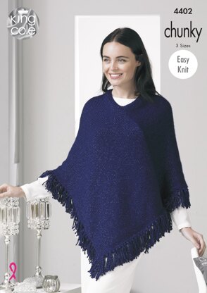 Lady’s Poncho Wrap, Poncho And Hat in King Cole Glitz Chunky - 4402 - Downloadable PDF