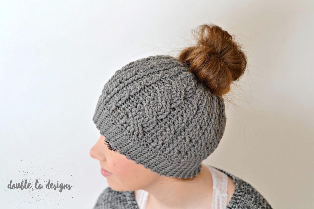 Free Crochet Beanie Messy Bun Hat Tutorial Cabled Messy Bun Hat