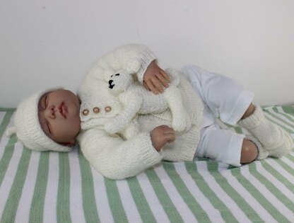 New Baby Matinee Coat, Booties Beanie and Toy Lamb