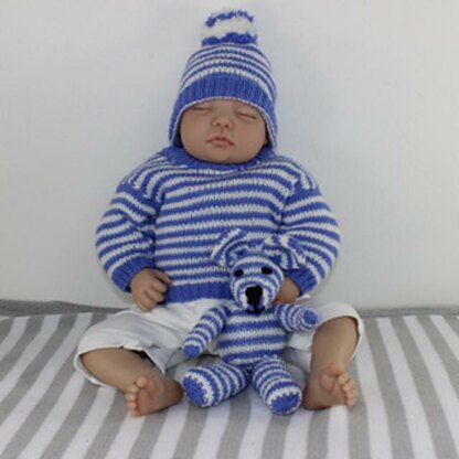 Baby Stripe Sweater, Bobble Beanie & Teddy Bear