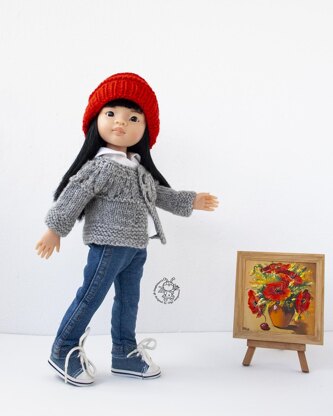 Outfit Red and gray for 13" dolls knitted flat