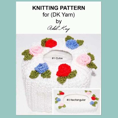 Abi Vintage Roses Style Cube and Rectangular Tissue Box Covers DK Yarn Knitting Pattern by Adel Kay