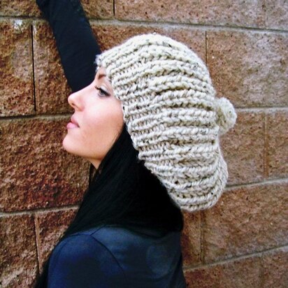 Slouchy Pom Pom Hat, Chunky Beret - knitting pattern