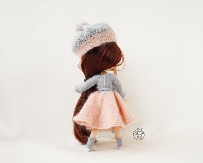 Pink and gray outfit for doll knitted flat