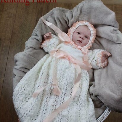 Knitting pattern baby christening dress & hat UK & USA Terms #213