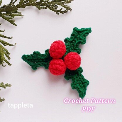 Holly berry ornament crochet pattern, crochet Christmas appliquie, Holly leaf Christmas home decoration crochet, DIY Xmas decor