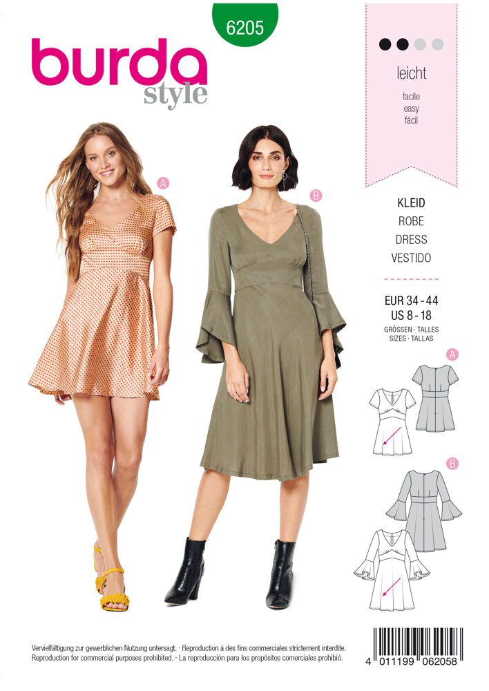 Burda Style Misses' Dress with Empire Waist – Bell-shaped Skirt B6205 -  Paper Pattern, Size 8-18
