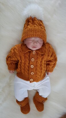 Brooklyn baby knitting pattern cardigan, hats and booties 0-3 mths & 6-12m