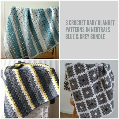 Crochet Baby Blanket patterns in neutrals - Blue & Grey bundle