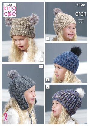 Aran Hats in King Cole Merino Blend Aran - 5100 - Downloadable PDF