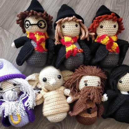 Harry Potter Gryffindor Hogwarts amigurumi crochet pattern set collection Hermione Granger Ron Weasley Hagrid Severus Snape Dumbledore Dobby
