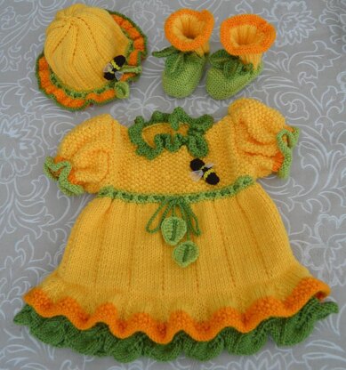 Daffodil Yellow Baby Dress, Booties & Hat