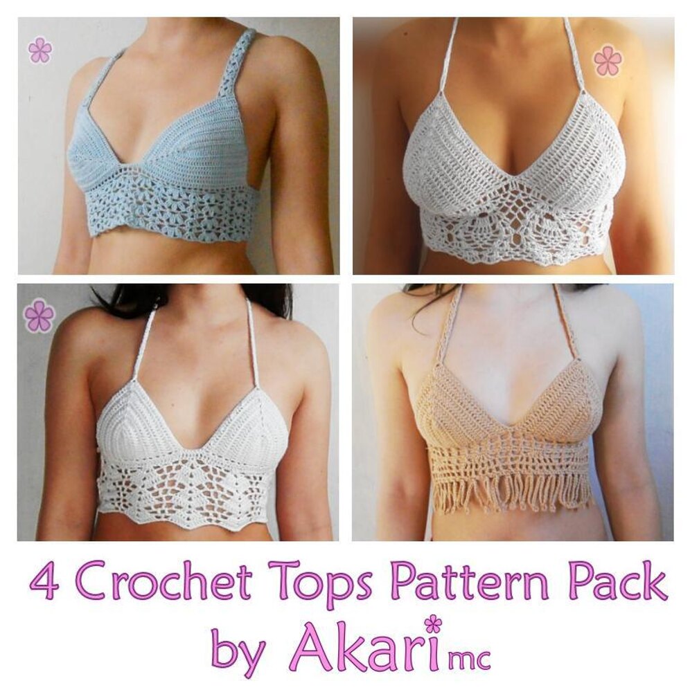 2 patterns FREE. 4 crochet crop tops. 3 lacy tops + 1 fringed top