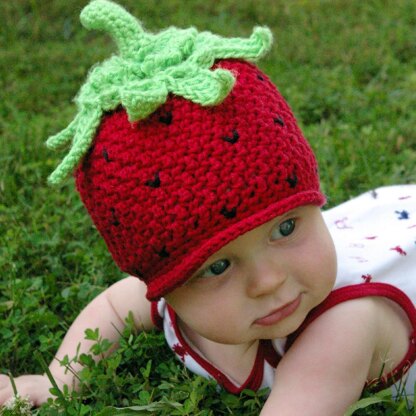 Crochet pattern strawberry beanie hat with peek-a-boo brim