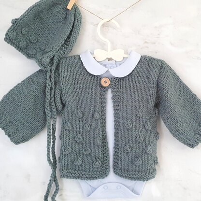 Baby Bobble Cardigan and Bonnet Set in Aran knit