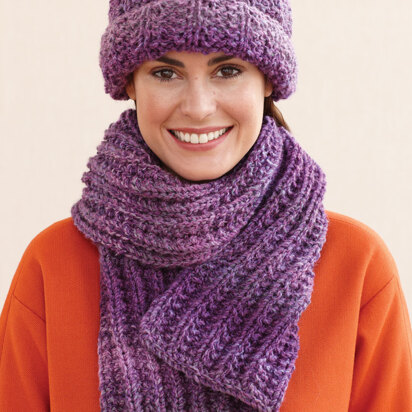 Rustic Ribbed Hat and Scarf in Lion Brand Tweed Stripes - L0611C