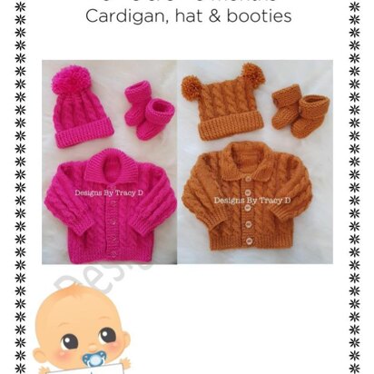 Brooklyn baby knitting pattern cardigan, hats and booties 0-3 mths & 6-12m