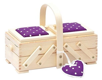 Sewandso Sewing Box with Lilac Dot Pin Cushion Lids and Heart, Beech Wood