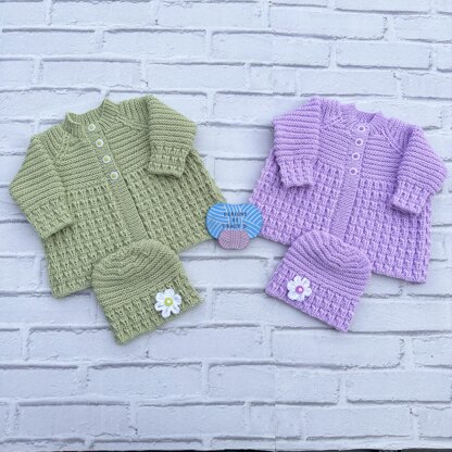 Eileen Cardigan & Beanie Hat 18 inch chest 0-6 mths