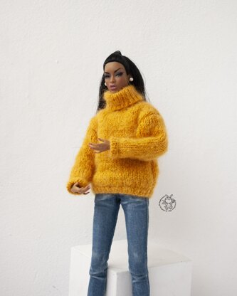 Yellow sweater for 12" dolls knitted flat